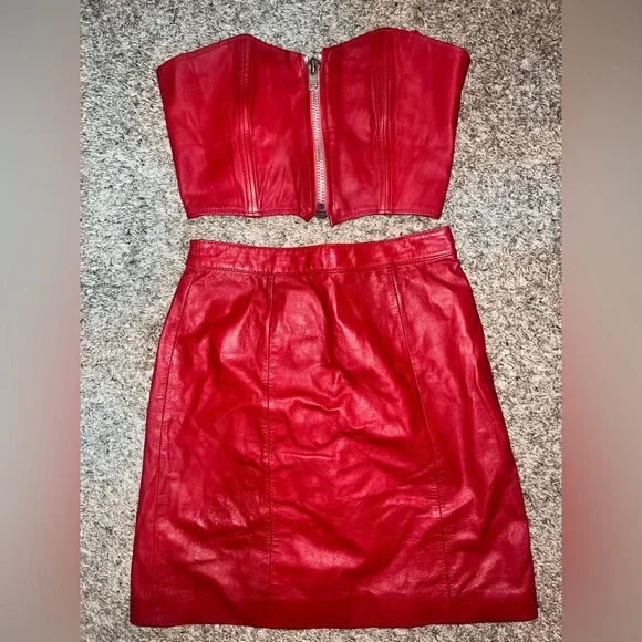 Vintage Bermans Red Leather Skirt Top Cowboy Boots Set Small 6 J. Chrisholm